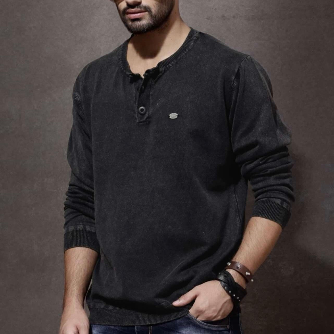 black-9 Exported Black Henley Sweater | SST10 - Image 1